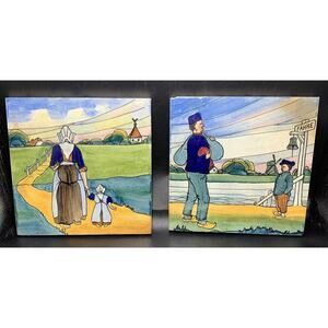 Old Tiles Portraying‎ Dutch Man Woman Children Windmill (corner Chip)